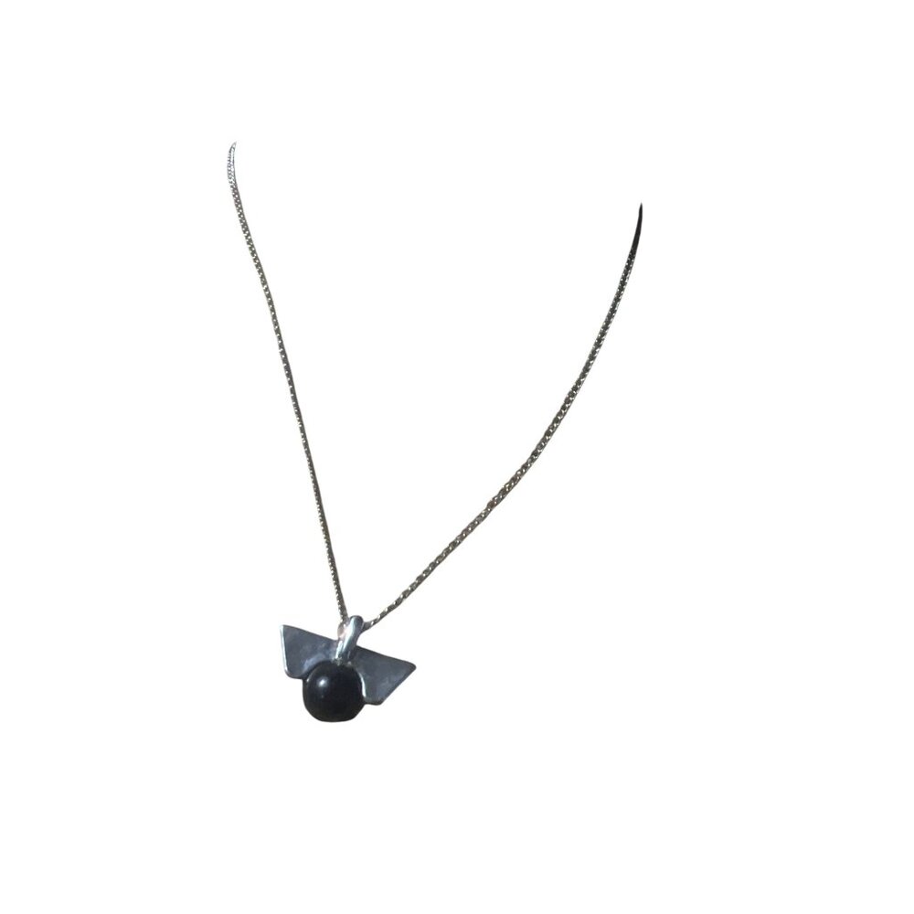 Freedom Silver Tone Necklace Black Bead Wing Pendant Modernist Minimalist 15-17"